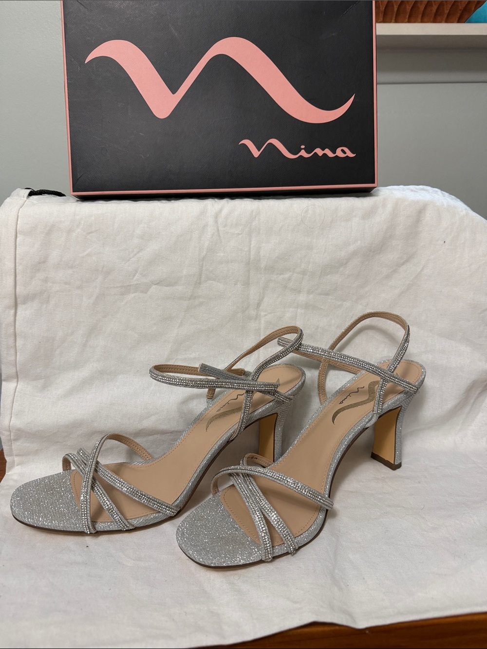 Nina Silver Glitter Strappy Mid-Heel Sandals